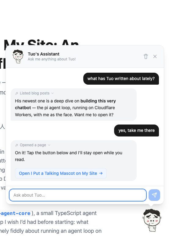 The chatbot panel open over this very post: the mascot answers, shows which tool it used, and offers a one-click button to open the page it's talking about