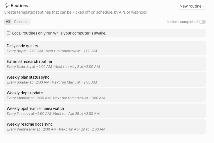 Six Claude Desktop routines running on schedule against my vibe-replay folders