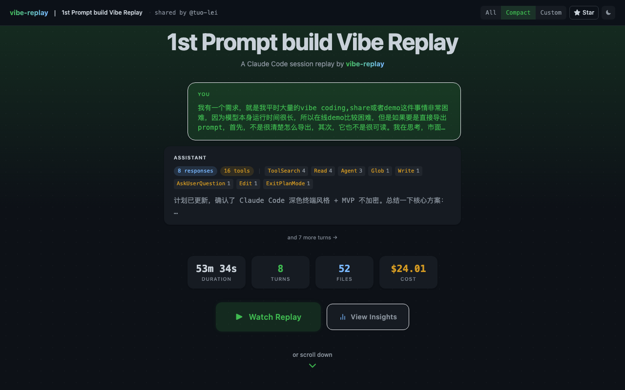 The interactive replay of vibe-replay's origin session — 53 minutes, 8 prompts, 447 tool calls